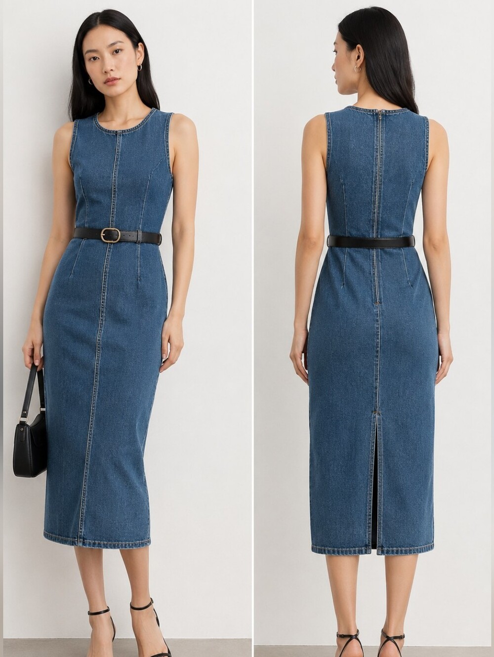 NEW Urban Revivo Denim Midi Sleeveless Dress with Belt Size US 6